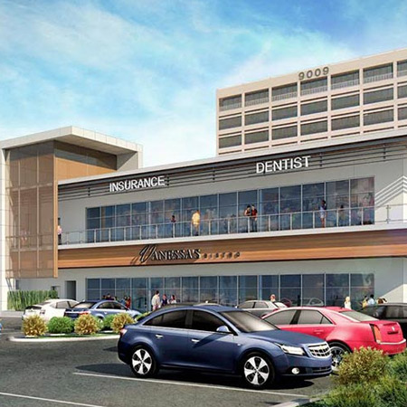 MC Management Property:  Retail Buidling with parking lot front view